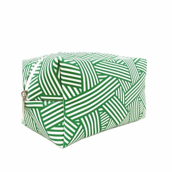 Handbags - Green and white striped geometric cosmetic bag.